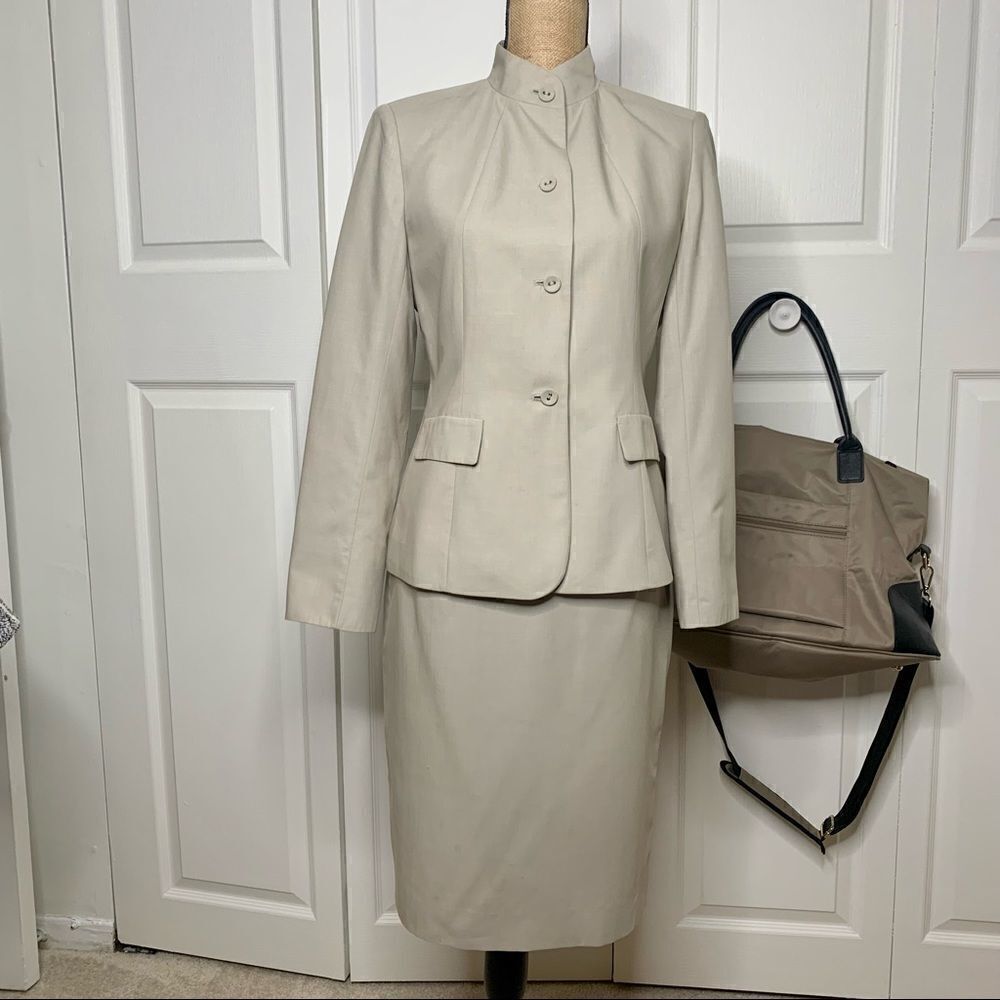 Calvin Klein Khaki Skirt Suit Nehru Collar SZ 4
